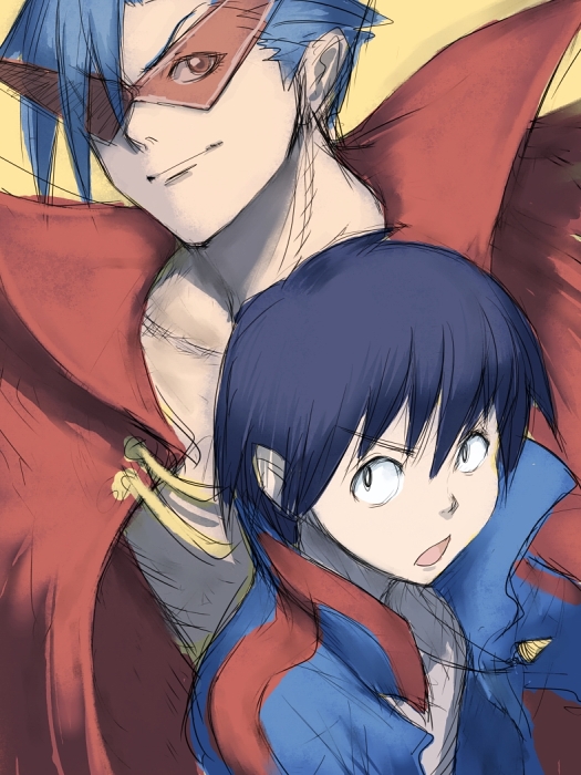 fumio (rsqkr), kamina (ttgl), simon (ttgl), tengen toppa gurren lagann, 00s, 2boys, blue hair, cape, drill, glasses, kamina shades, male focus, multiple boys, triangular eyewear