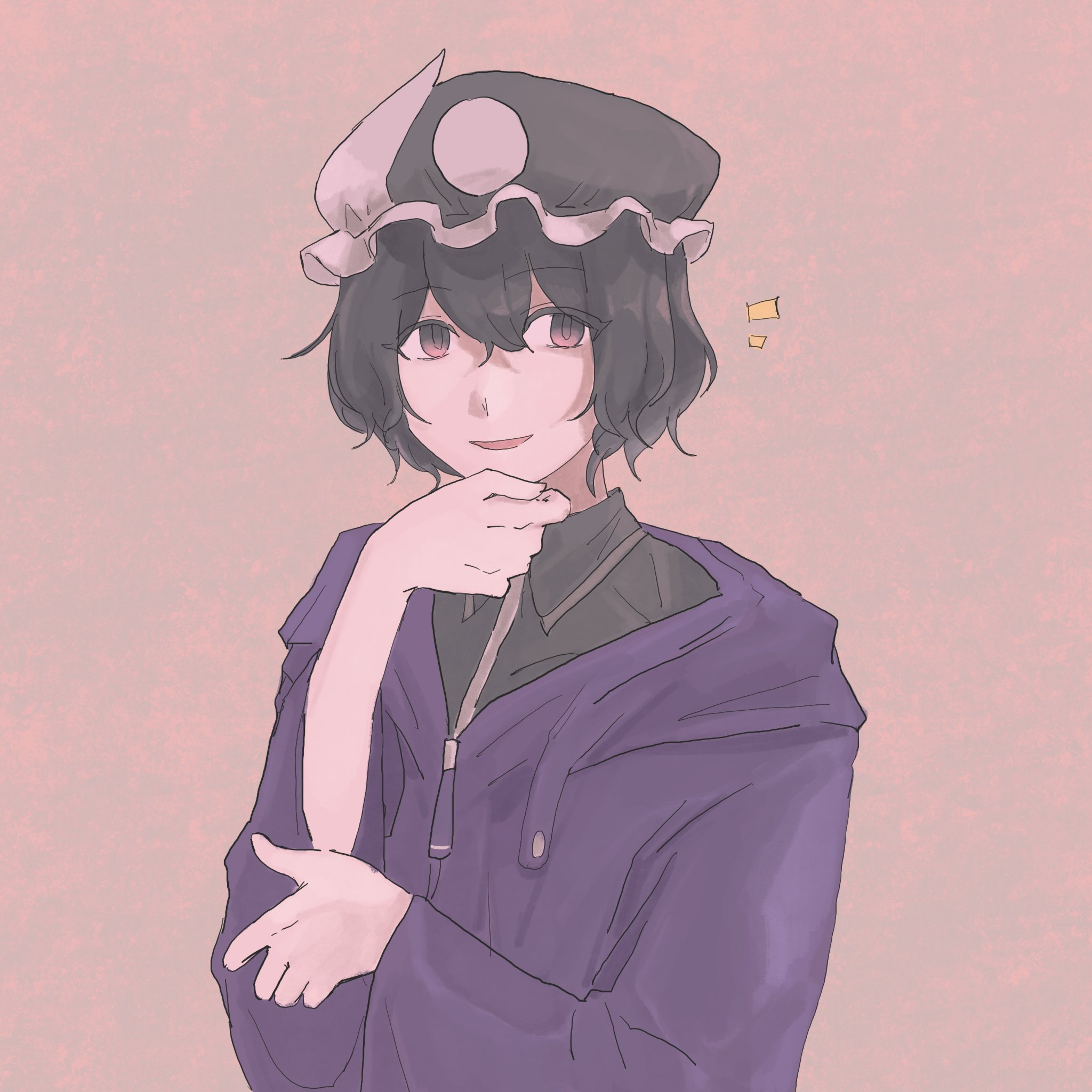 kanghan kang yanjian, shitodo kuroji, len'en, highres, 1other, androgynous, black hair, black shirt, brown background, collared shirt, eyes visible through hair, frilled headwear, gradient eyes, grey hat, hair between eyes, hand on own chin, hand on own elbow, happy, hat, hood, hood down, hooded jacket, jacket, long sleeves, mob cap, multicolored eyes, notice lines, open mouth, other focus, purple eyes, purple jacket, shirt, short hair, simple background, smile, solo, triangular headpiece, upper body, wide sleeves, zipper, zipper pull tab