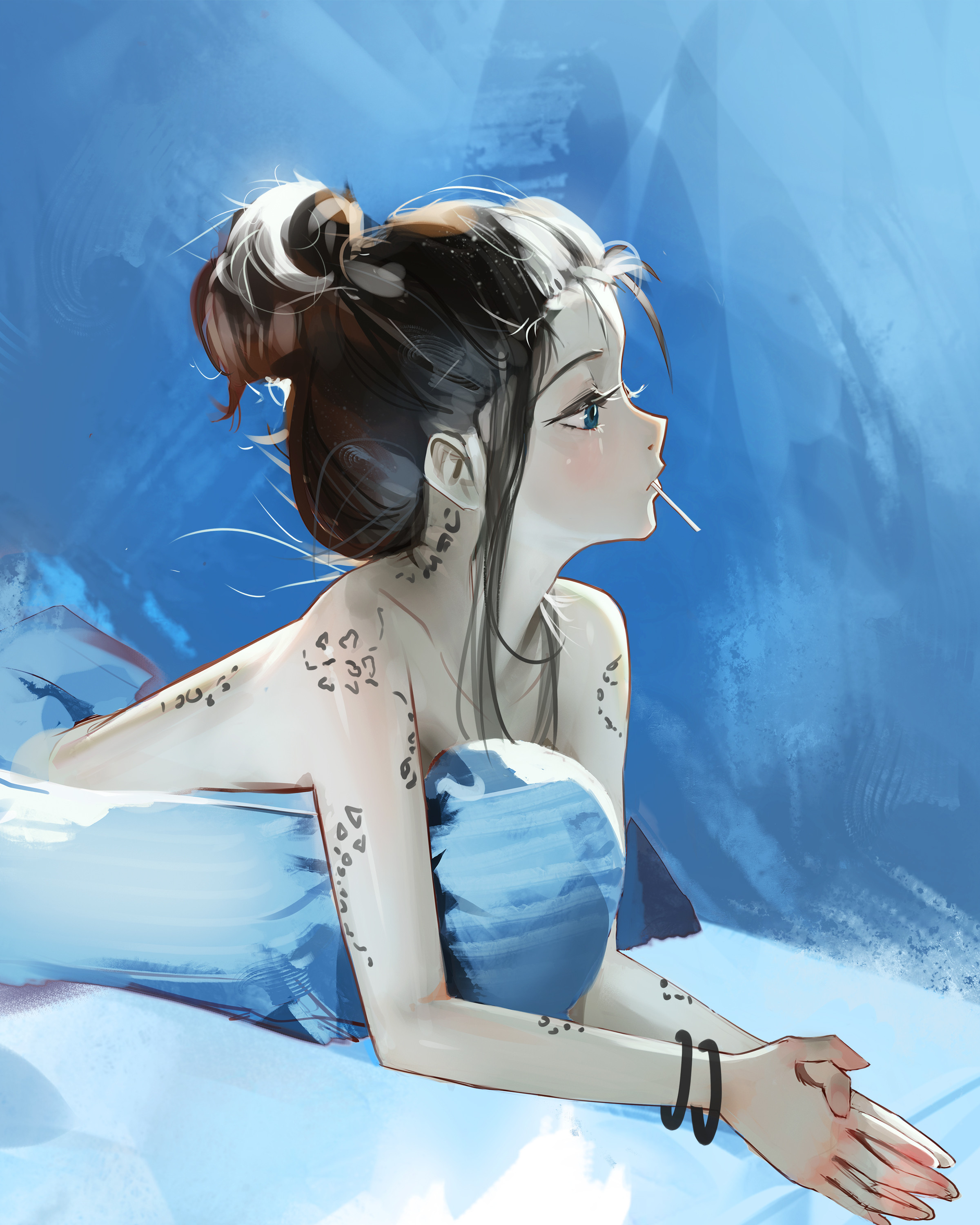 mawaw, original, absurdres, commentary, english commentary, highres, 1girl, blue eyes, bracelet, brown hair, hair bun, jewelry, looking to the side, lying, on stomach, own hands together, sidelocks, solo, tattoo, topless female
