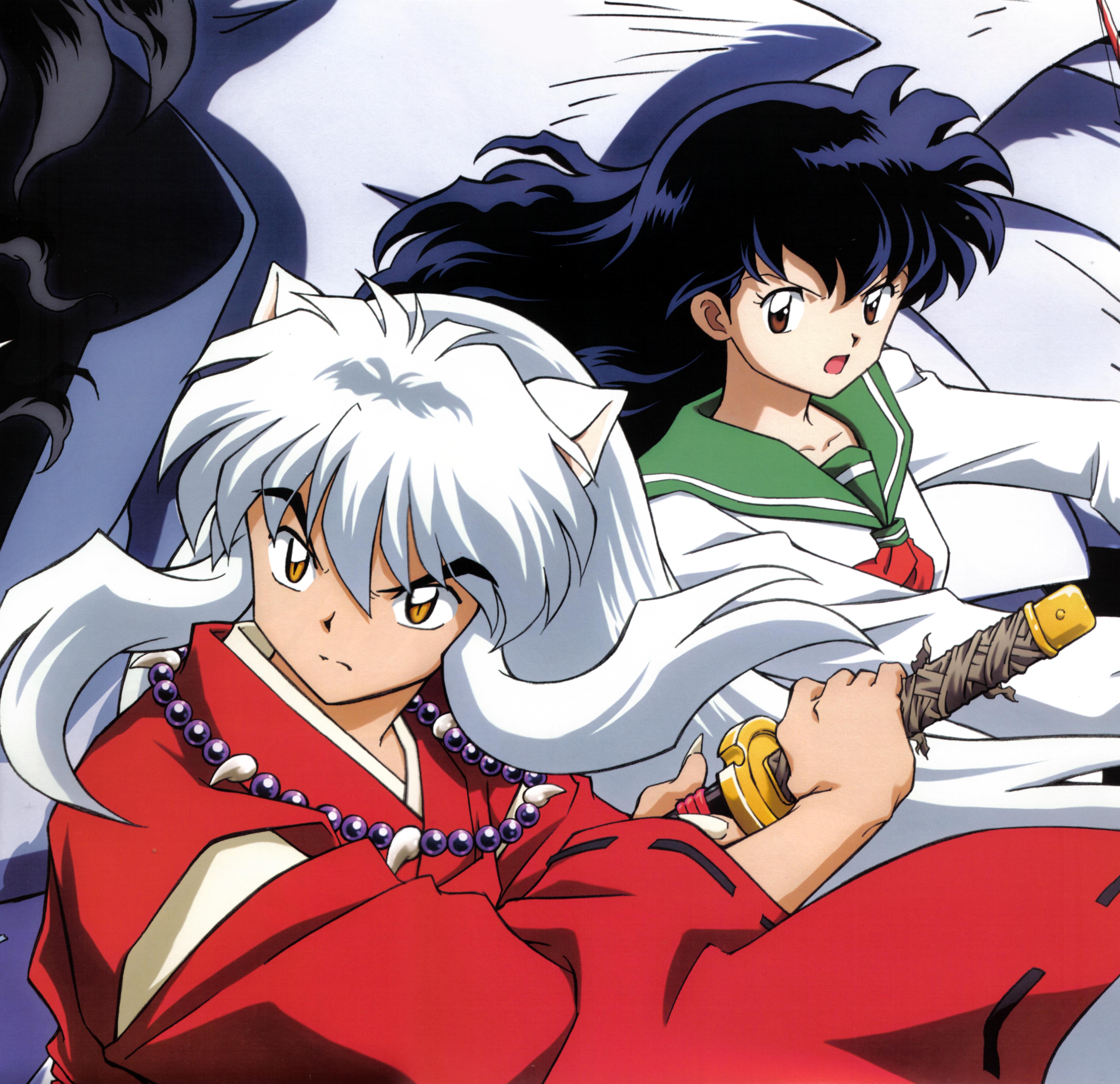 higurashi kagome, inuyasha (character), inuyasha, eyebrows, absurdres, highres, tagme, animal ears, japanese clothes, sword, weapon