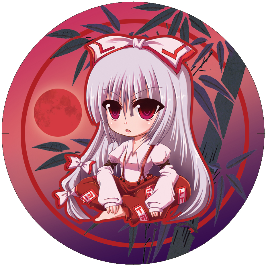 nonoko, yuuka nonoko, fujiwara no mokou, touhou, bad id, bad pixiv id, 1girl, chibi, circle, female focus, full moon, gradient background, long hair, moon, outdoors, plant, red moon, sitting, sky, solo