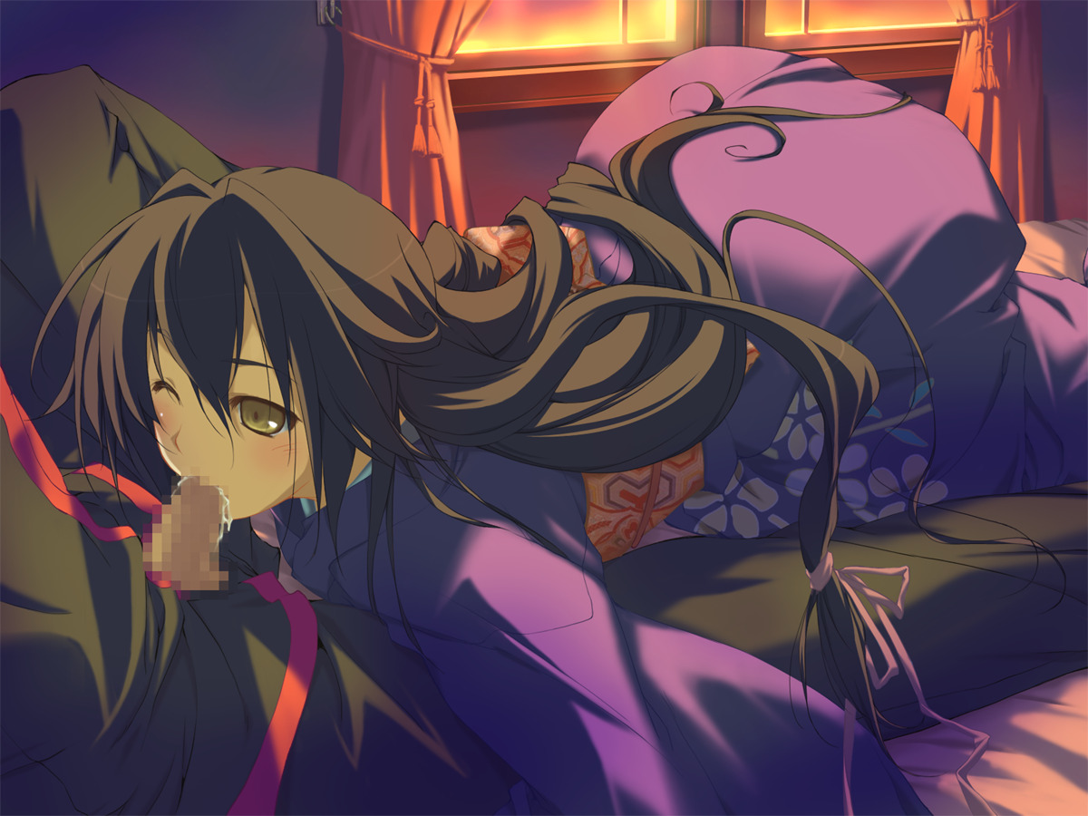 1girl, bed, blush, brown hair, censored, cum, dusk, fellatio, japanese clothes, kimono, kneeling, long hair, obi, one eye closed, oral, penis, sash, solo focus, wink, yellow eyes