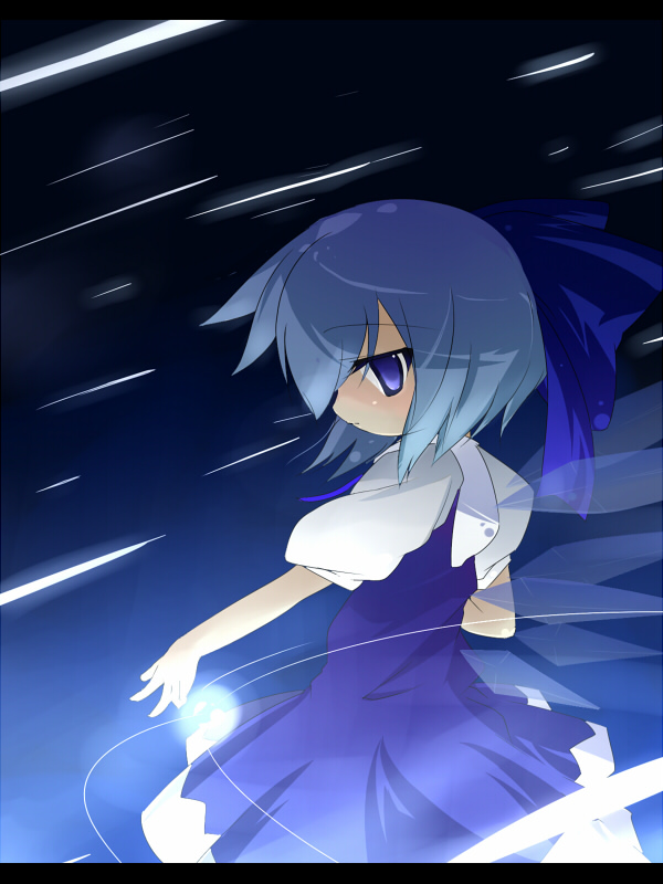 oka (bananashoe), cirno, embodiment of scarlet devil, touhou, 1girl, blue eyes, blue hair, dress, female focus, gradient background, matching hair/eyes, ribbon, solo, wings