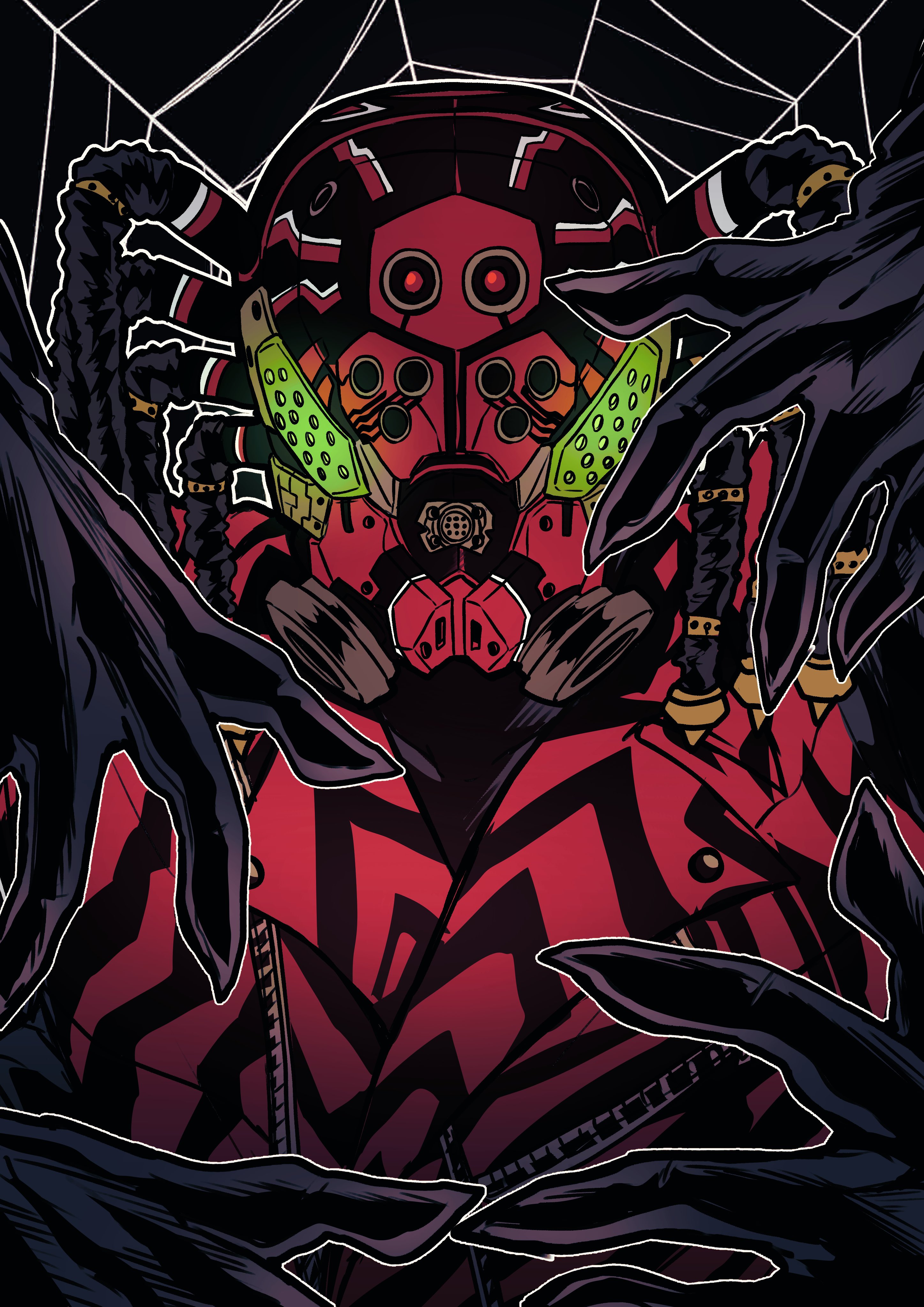 otyumamii, kamen rider, shin kamen rider, absurdres, commentary request, highres, 1boy, arthropod boy, black background, black helmet, black jacket, black shirt, compound eyes, extra arms, helmet, jacket, kumo augment 01, looking at viewer, male focus, monster boy, multicolored helmet, red helmet, red jacket, shirt, silk, solo, spider boy, spider web, striped clothes, striped jacket, tokusatsu, upper body