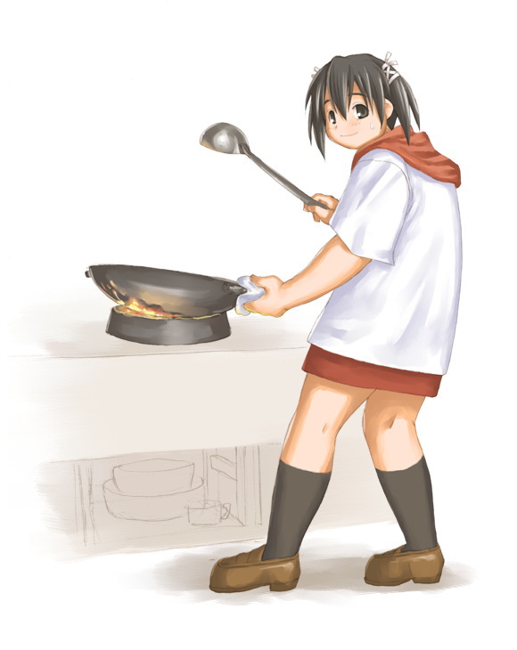 kasuga yukihito, yotsuba satsuki, mahou sensei negima!, 00s, 1girl, bad anatomy, black gloves, black hair, blush, brown eyes, brown shoes, cooking, female focus, fire, from behind, full body, gloves, hair ribbon, holding, hood, hood down, kneehighs, ladle, loafers, looking at viewer, looking back, miniskirt, plump, red skirt, ribbon, shirt, shoes, short hair, short sleeves, simple background, skirt, smile, socks, solo, standing, sweat, tareme, twintails, white background, white shirt