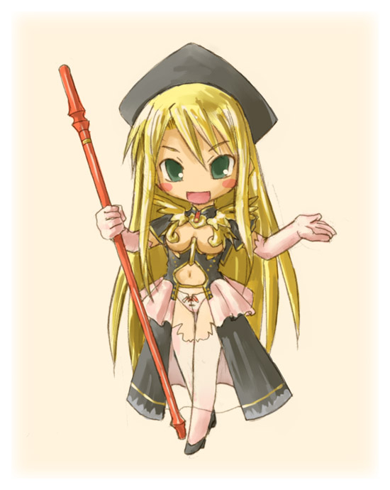 kasuga yukihito, yukihiro ayaka, mahou sensei negima!, 00s, 1girl, blonde hair, blush, blush stickers, bow, bow panties, breasts, chibi, elbow gloves, female focus, gloves, green eyes, hat, long hair, navel, panties, simple background, solo, staff, thighhighs, underboob, underwear