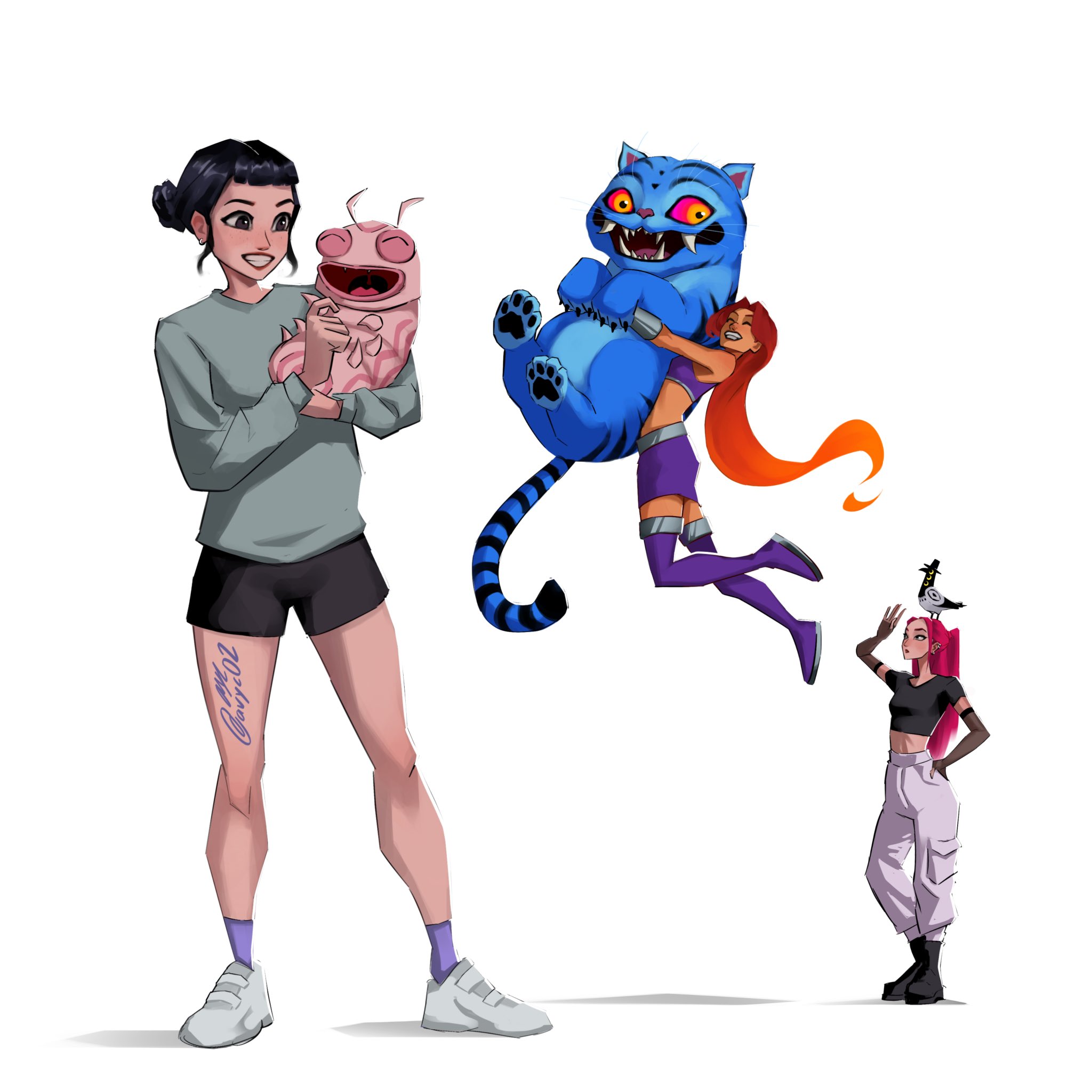derpy (kpop demon hunters), mira (kpop demon hunters), starfire, sussie (kpop demon hunters), zoey (kpop demon hunters), dc comics, kpop demon hunters, teen titans, commentary, highres, 3girls, ^ ^, animal, animal on head, avyc02, bird, bird on head, black hair, black shorts, boots, closed eyes, double bun, floating, gat (hat), hair bun, hand on own hip, hat, holding, holding animal, hug, long hair, multiple girls, on head, orange hair, pants, pink hair, purple boots, purple skirt, shorts, sidelocks, silkie (dc), simple background, skirt, smile, sweater, tiger, twitter username, white background