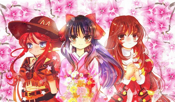 miya (chijou no seiza), erica fontaine, gemini sunrise, shinguuji sakura, sakura taisen, sakura taisen iii, sakura taisen v, 3girls, black hair, blue eyes, blush, bouquet, brown eyes, brown hair, cherry blossoms, collar, cowboy hat, cowboy western, cross, dress, flower, freckles, gloves, hair ribbon, hat, holding, holding bouquet, jacket, japanese clothes, juliet sleeves, kimono, latin cross, long hair, long sleeves, looking at viewer, multiple girls, orange jacket, orange skirt, own hands clasped, own hands together, pink kimono, ponytail, puffy sleeves, red dress, red gloves, red hair, red ribbon, ribbon, shirt, sidelocks, skirt, smile, white collar, wings, yellow shirt