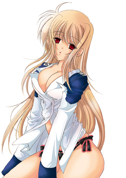 hina sasaki, fate testarossa, lyrical nanoha, mahou shoujo lyrical nanoha, 00s, 1girl, black panties, blonde hair, breasts, cleavage, female focus, large breasts, long hair, panties, red eyes, side-tie panties, solo, underwear, very long hair