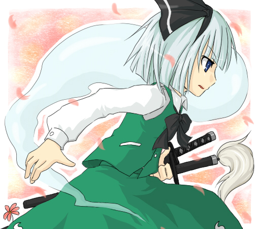 yomegane, konpaku youmu, konpaku youmu (ghost), touhou, silver hair, 1girl, black bow, black bowtie, blue eyes, bow, bowtie, dress, female focus, from side, green dress, hairband, hitodama, profile, puffy short sleeves, puffy sleeves, sheath, sheathed, short hair, short sleeves, solo, tassel