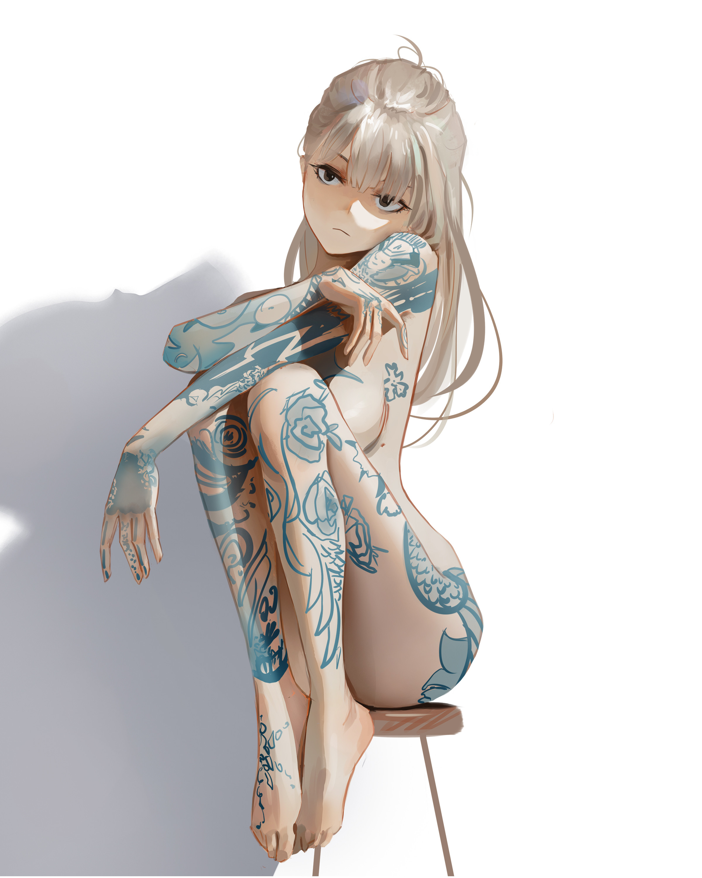 mawaw, original, absurdres, highres, photo-referenced, 1girl, chair, completely nude, convenient censoring, convenient leg, expressionless, full-body tattoo, full body, long hair, nude, on chair, sitting, solo, tattoo, white hair