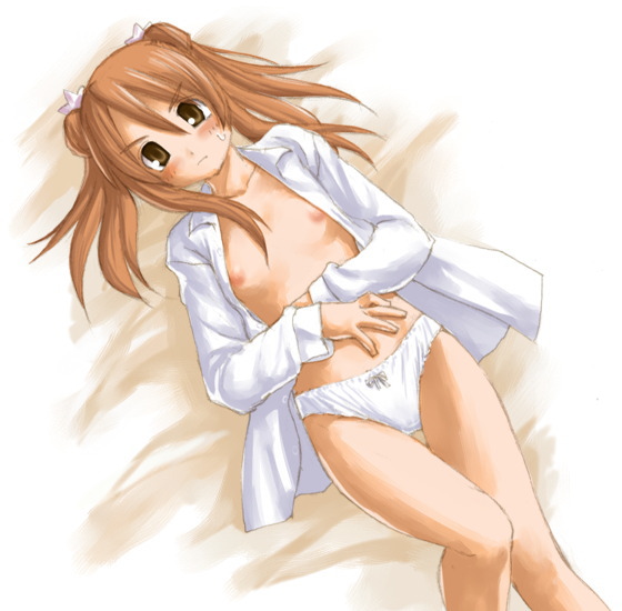 kasuga yukihito, sakura mei, mahou sensei negima!, 00s, 1girl, blush, breasts, brown eyes, brown hair, female focus, nipples, no bra, open clothes, open shirt, panties, shirt, small breasts, solo, underwear