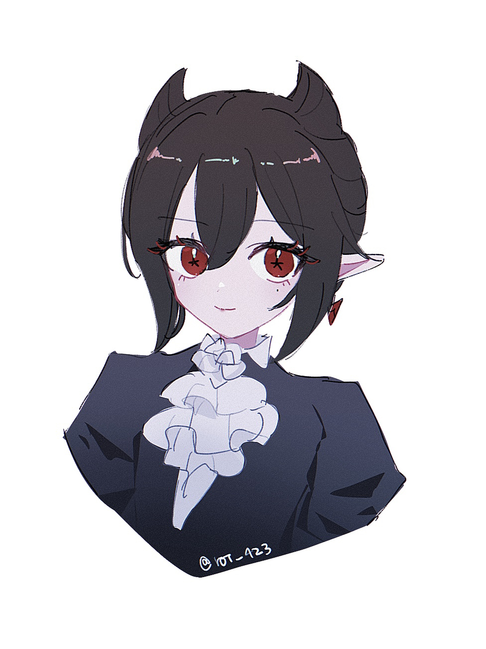 roi 423, entelechia (arknights), arknights, commentary, highres, 1girl, ascot, black dress, black hair, brown hair, cropped torso, dress, film grain, hair between eyes, hair horns, looking at viewer, medium hair, mole, mole under eye, pointy ears, red eyes, simple background, smile, solo, star-shaped pupils, star (symbol), symbol-shaped pupils, twitter username, upper body, white ascot, white background