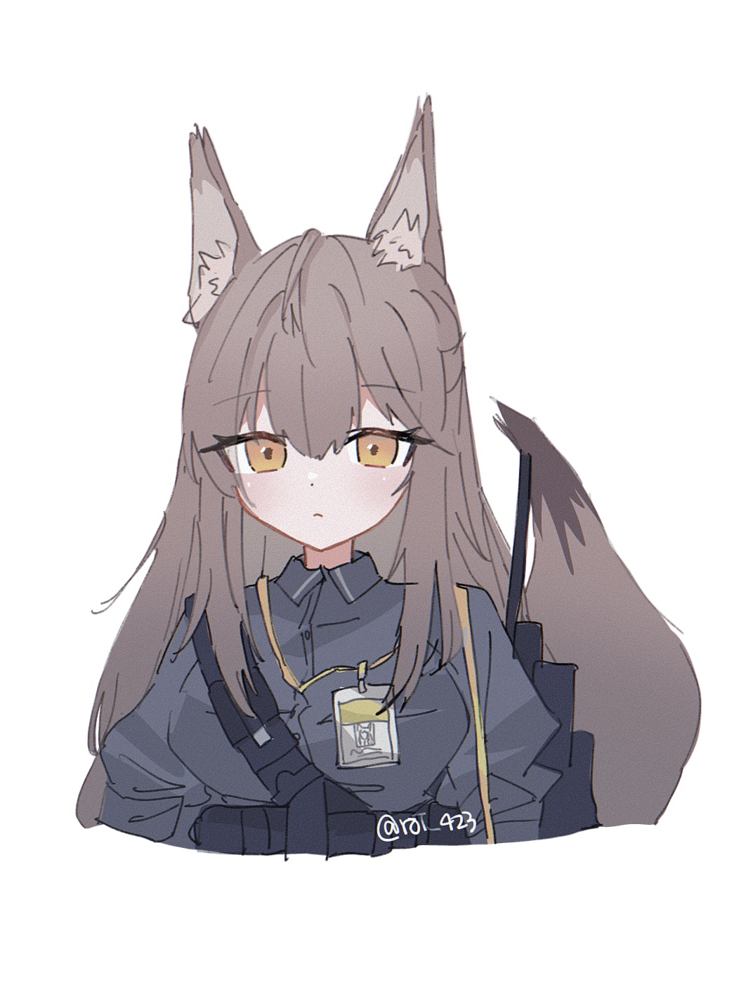 roi 423, franka (arknights), arknights, commentary, highres, 1girl, animal ear fluff, animal ears, blush, breasts, brown hair, collared shirt, cropped torso, dot nose, expressionless, fox ears, fox girl, fox tail, grey shirt, lanyard, light frown, long hair, long sleeves, looking at viewer, medium breasts, shirt, simple background, solo, strap, tail, tail raised, twitter username, upper body, white background, yellow eyes