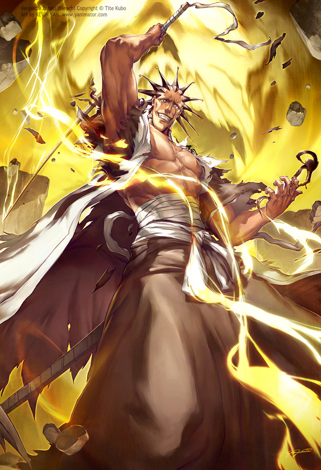 kevin yan, zaraki kenpachi, bleach, 00s, 1boy, haori, japanese clothes, male focus, manly, solo, sword, taichou haori, weapon