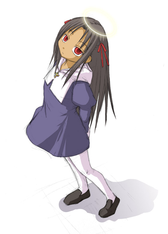 kasuga yukihito, cocone fatima rosa, kodansha, mahou sensei negima!, 00s, black hair, cross, dark-skinned female, dark skin, dress, latin cross, long hair, pantyhose, red eyes, white pantyhose