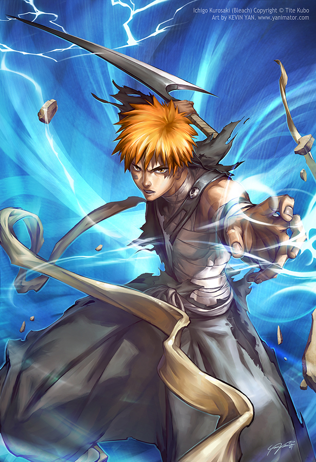 kevin yan, kurosaki ichigo, bleach, 00s, bandages, male focus, orange hair, solo, sword, weapon
