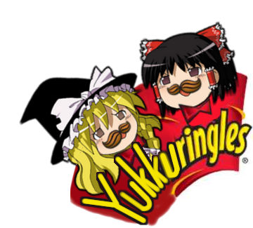 hakurei reimu, kirisame marisa, pringles, touhou, lowres, third-party edit, 2girls, facial hair, female focus, hat, multiple girls, mustache, parody, simple background, white background, yukkuri shiteitte ne