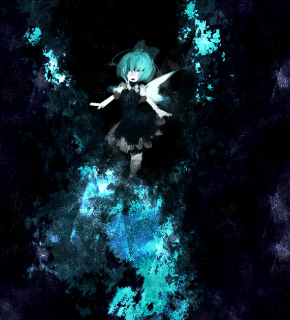 yoshioka yoshiko, cirno, embodiment of scarlet devil, touhou, 1girl, blue theme, female focus, solo