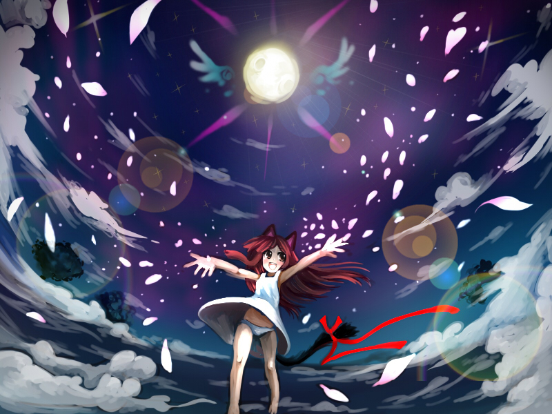 mosho, original, 1girl, animal ears, cloud, female focus, full moon, moon, panties, skirt, solo, tail, underwear, white skirt, wind, wind lift
