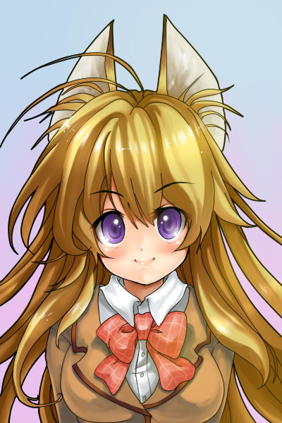 mosho, minamoto chizuru, kanokon, 00s, 1girl, animal ears, blonde hair, female focus, long hair, purple eyes, purple hair, school uniform, serafuku, smile, solo