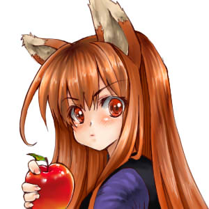 mosho, holo, spice and wolf, lowres, 00s, 1girl, animal ears, apple, brown hair, female focus, food, fruit, holding, holding food, holding fruit, long hair, portrait, red eyes, solo, wolf ears