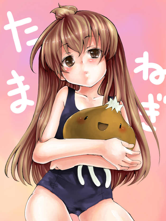 mosho, minami chiaki, minami-ke, bad id, bad pixiv id, 00s, ahoge, brown eyes, brown hair, long hair, one-piece swimsuit, school swimsuit, solo, swimsuit