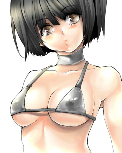 mosho, bad id, bad pixiv id, lowres, 1girl, bikini, bikini top only, black hair, breasts, female focus, large breasts, short hair, solo, swimsuit, underboob