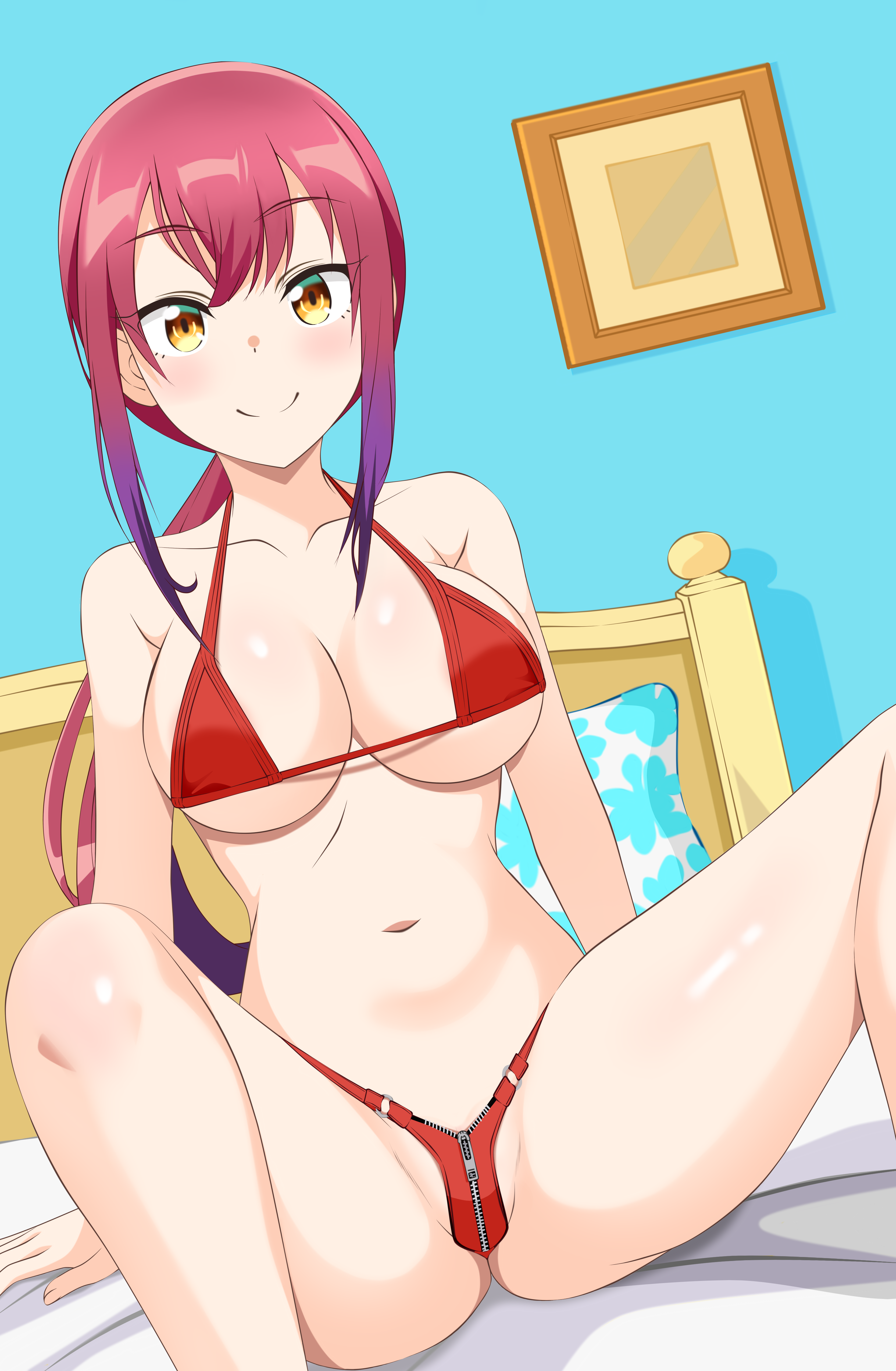 kiniro tofu, mizutori atori, bad girl (manga), 1girl, ass, bed, bikini, blush, breasts, closed mouth, collarbone, indoors, large breasts, long hair, looking at viewer, navel, ponytail, red bikini, red hair, smile, solo, spread legs, swimsuit, yellow eyes