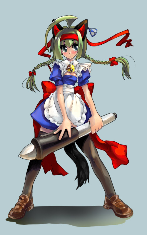 mosho, me-tan, os-tan, ahoge, animal ears, bell, braid, maid, ribbon, solo, thighhighs, twin braids