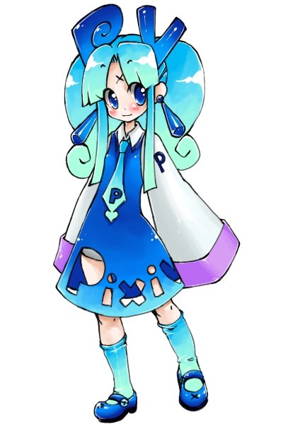 mosho, pixiv-tan, pixiv, aqua hair, blue eyes, necktie, oversized clothes, socks, solo