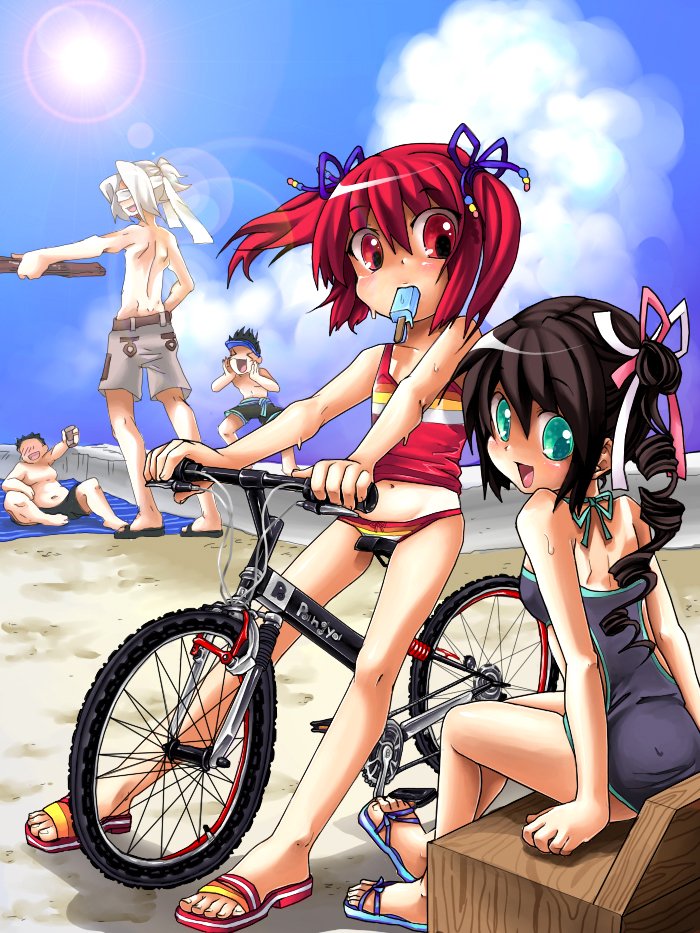 hana, mosho, azer (pangya), hana (pangya), kooh (pangya), max, max (pangya), nuri (pangya), pangya, visor, > <, 2girls, 3boys, :d, alternate hair color, back, beach, bicycle, bikini, black hair, blindfold, blush, closed eyes, cloud, copyright name, day, drill hair, fat, fat man, feet, flat chest, food, from behind, full body, green eyes, hair ribbon, halterneck, holding, legs, lens flare, looking at another, looking back, lowleg, lowleg bikini, midriff, mouth hold, multiple boys, multiple girls, navel, ocean, one-piece swimsuit, open mouth, outdoors, outstretched arm, ponytail, popsicle, red eyes, red hair, ribbon, riding, sandals, short twintails, shorts, sitting, sky, smile, spiked hair, standing, straddling, striped bikini, striped clothes, sun, sweat, swimsuit, tankini, twintails, visor cap, water, white hair