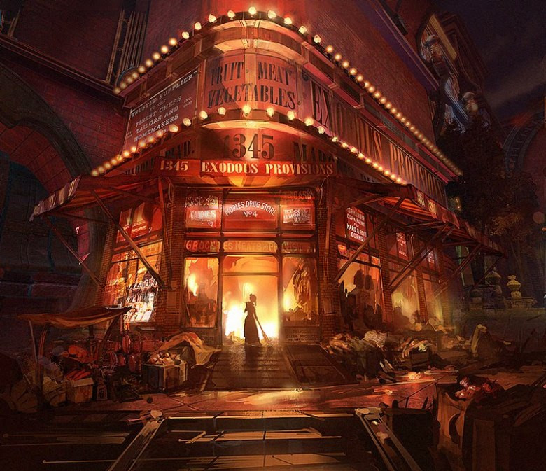 ben lo, bioshock, bioshock (series), bioshock infinite, concept art, 1girl, box, burning, cardboard box, cart, close-up, english text, fire, food, limited palette, market stall, movie theater, outdoors, painterly, scenery, silhouette, solo, stairs, sweeping, towel, two-point perspective