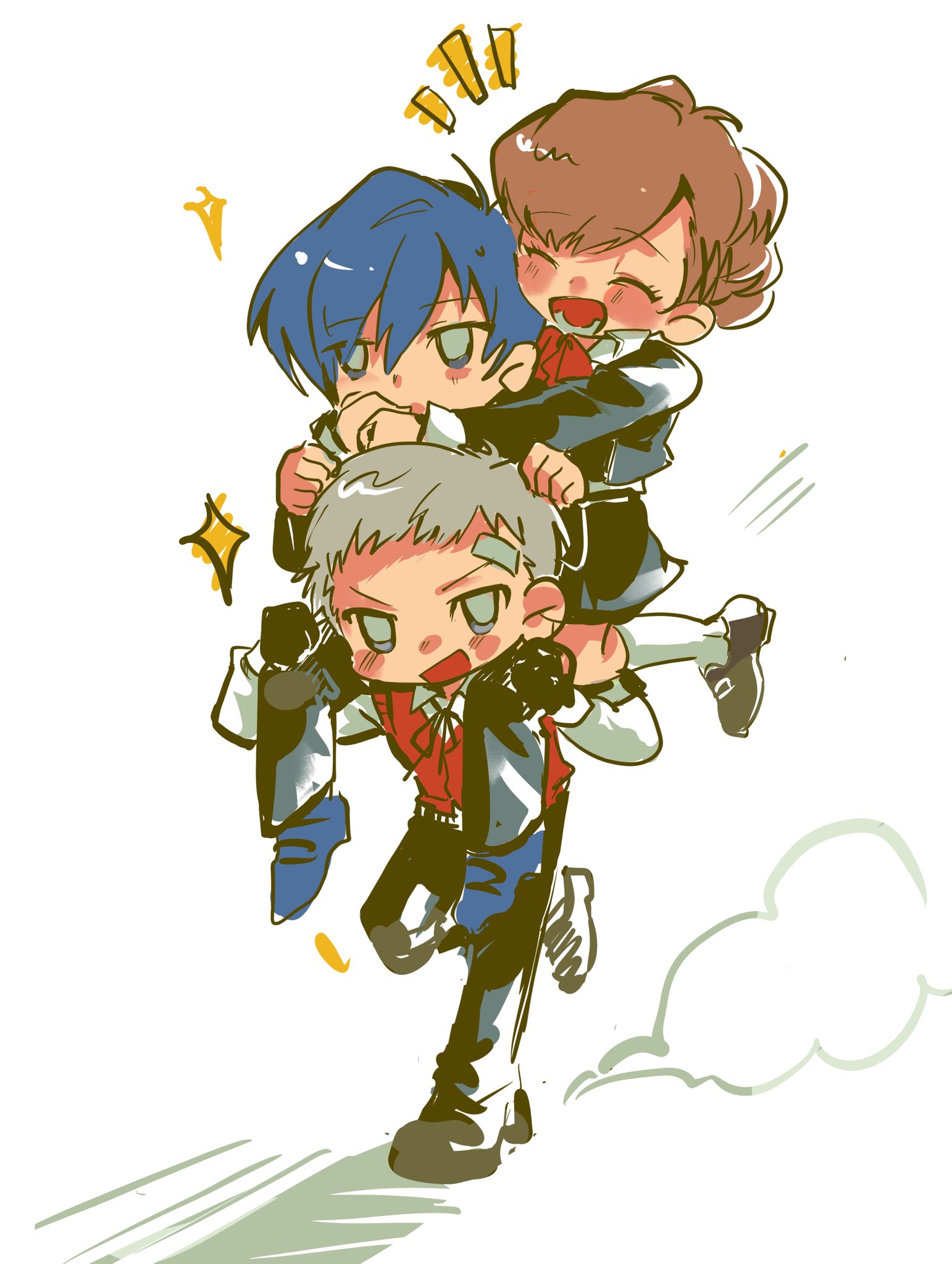 sanada akihiko, shiomi kotone, yuuki makoto (persona 3), persona, persona 3, persona 3 portable, commentary, english commentary, highres, 1girl, 2boys, bandaid, bandaid on face, bandaid on forehead, black gloves, black jacket, black pants, black skirt, blue hair, blush, blush stickers, brown hair, carrying, closed eyes, collared shirt, dust cloud, full body, gekkoukan high school uniform, gloves, grey hair, hair between eyes, hair ornament, hairclip, jacket, kuukiensan, multiple boys, notice lines, open mouth, pants, piggyback, red sweater vest, running, school uniform, shirt, short hair, shoulder carry, simple background, skirt, sparkle, sweater vest, white background, white shirt