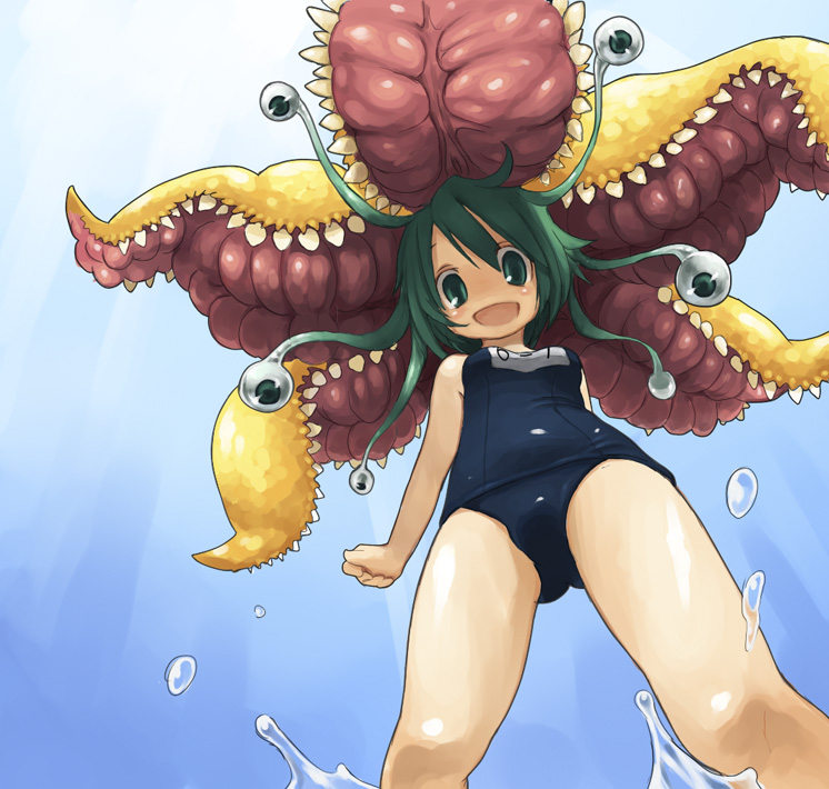inuinu (project october), ken makiba, original, 1girl, beach, blush, female focus, from below, green eyes, green hair, happy, matching hair/eyes, monster, monster girl, one-piece swimsuit, school swimsuit, solo, swimsuit, water