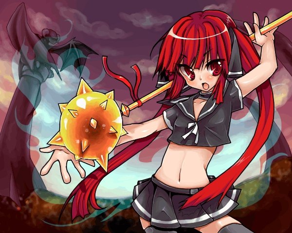 mosho, kooh (pangya), pangya, 1girl, child, female focus, long hair, mace, midriff, red eyes, red hair, school uniform, serafuku, skirt, solo, thighhighs, twintails, weapon