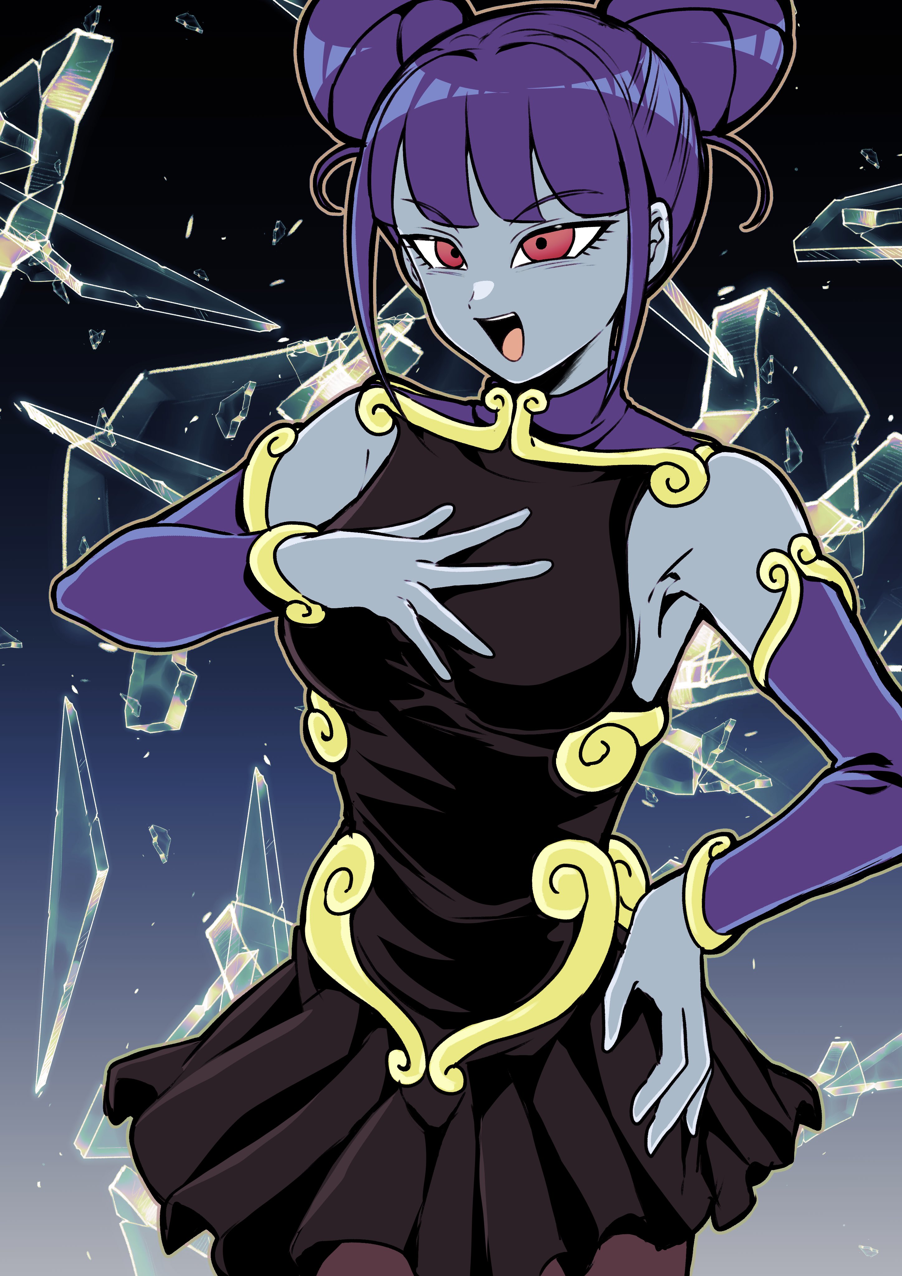 otyumamii, vidro (dragon ball), dragon ball, dragon ball heroes, absurdres, commentary request, highres, 1girl, :d, black background, black dress, blue background, blue skin, blunt bangs, breasts, broken glass, brown pantyhose, colored skin, cowboy shot, detached sleeves, double bun, dress, glass, gold trim, gradient background, hair bun, hand on own chest, hand on own hip, medium breasts, open mouth, pantyhose, purple hair, purple sleeves, red eyes, sideboob, sleeveless, sleeveless dress, smile, solo