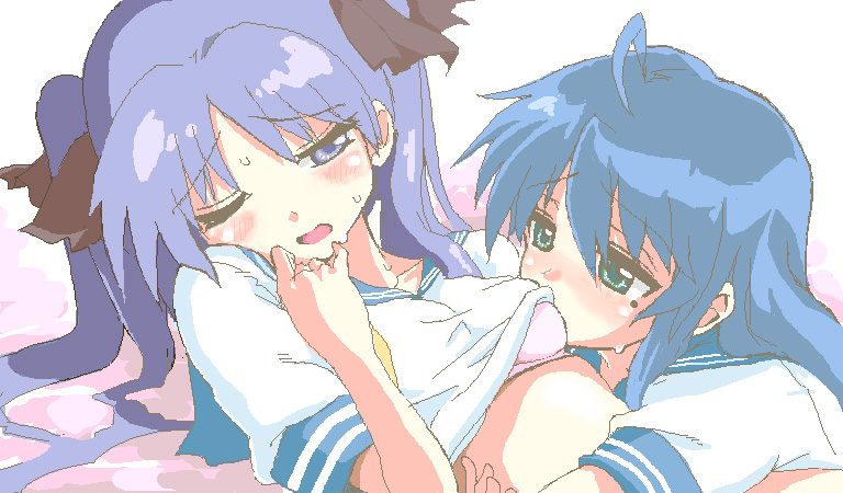 yamauri, hiiragi kagami, izumi konata, lucky star, bad id, bad pixiv id, 00s, 2girls, blue hair, blush, bra, breast sucking, breasts, clothes lift, green eyes, lingerie, mole, mole under eye, multiple girls, oekaki, one eye closed, purple eyes, purple hair, school uniform, serafuku, shirt lift, underwear, wink, yuri
