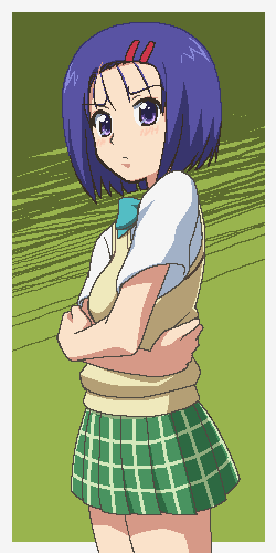 awa, sairenji haruna, to love-ru, lowres, 00s, 1girl, cowboy shot, female focus, hair ornament, hairclip, jaggy lines, oekaki, plaid clothes, plaid skirt, pleated skirt, purple eyes, purple hair, school uniform, serafuku, shirt, short hair, short sleeves, skirt, solo, vest