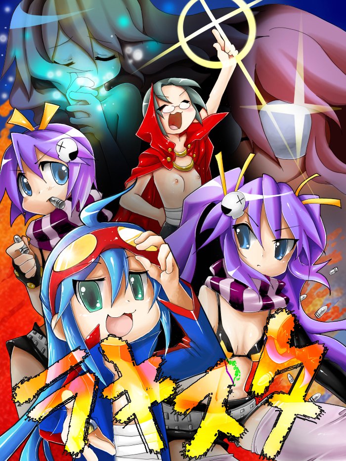 mosho, hiiragi kagami, hiiragi tsukasa, izumi konata, kamina (ttgl), kobayakawa yutaka, narumi yui, simon (ttgl), takara miyuki, yoko littner, lucky star, tengen toppa gurren lagann, 6+girls, :d, ^ ^, blue eyes, blue hair, bullet, closed eyes, cosplay, crossover, glasses, goggles, goggles on head, green eyes, hair ornament, kamina (cosplay), long hair, multiple girls, open mouth, parody, pink hair, purple hair, scarf, siblings, simon (cosplay), sisters, skull hair ornament, smile, striped clothes, striped scarf, thighhighs, topless female, twins, yoko littner (cosplay)