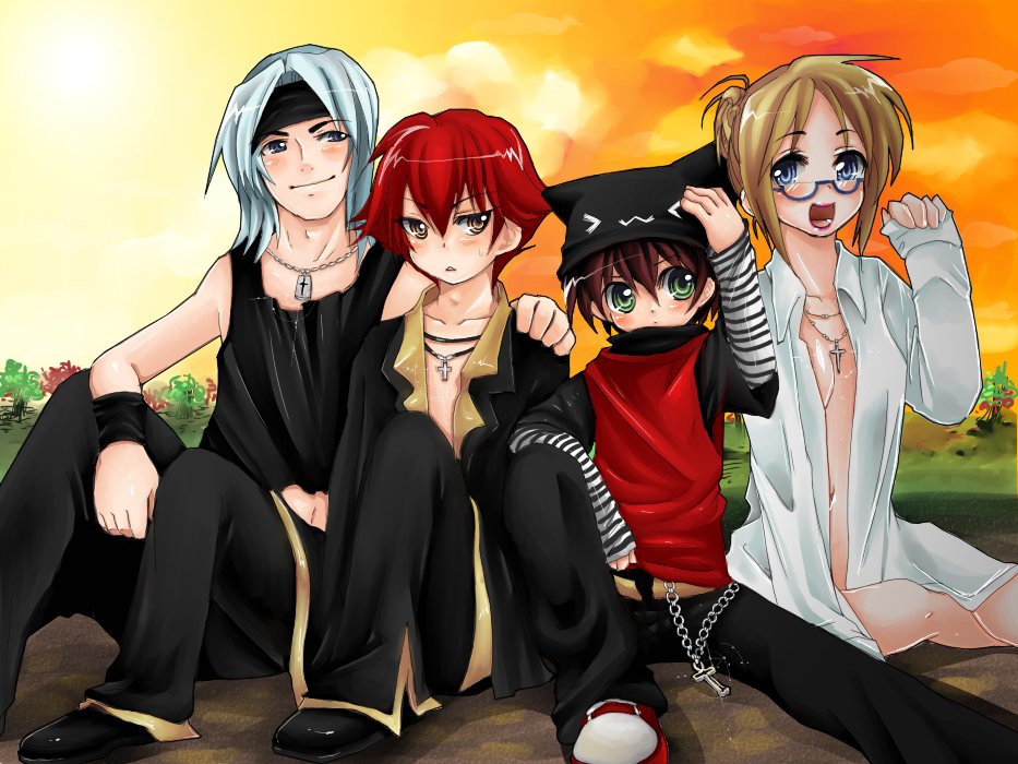 lee byung hee, mosho, cecilia, cecilia (pangya), kaz (pangya), max, max (pangya), nuri (pangya), pangya, striped, bad id, bad pixiv id, > <, 1girl, 3boys, :<, :3, animal hat, blue eyes, bottomless, brown hair, casual, cat hat, chain, closed eyes, cross, dress shirt, glasses, green eyes, hair bun, hat, headband, hug, jewelry, latin cross, lineup, multiple boys, necklace, no bra, open clothes, open shirt, outdoors, red hair, shirt, shoes, short hair, single hair bun, sitting, sky, smile, sneakers, sunset, triangle mouth, white hair, x3, yellow eyes