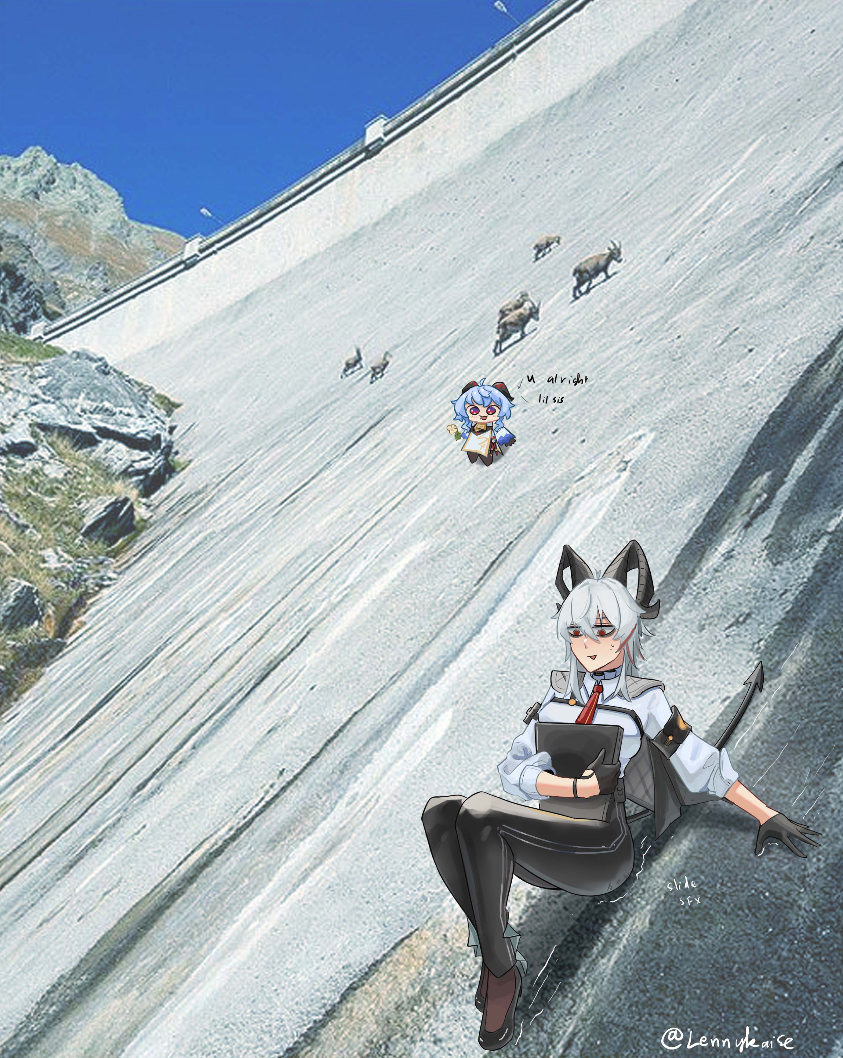 lennykaise, ganyu (genshin impact), zani (wuthering waves), genshin impact, wuthering waves, absurdres, highres, jpeg artifacts, 2girls, animal, armband, bags under eyes, bell, black gloves, black horns, black pants, blue hair, chest harness, chibi, cowbell, crossover, dam, english text, flower, gloves, goat, grey hair, hair between eyes, harness, holding, holding flower, horns, long sleeves, looking at another, looking down, motion lines, multicolored hair, multiple girls, neck bell, nervous, outdoors, pants, photo background, qingxin flower, red eyes, red hair, shirt, shoes, sliding, standing, trait connection, two-tone hair, white shirt