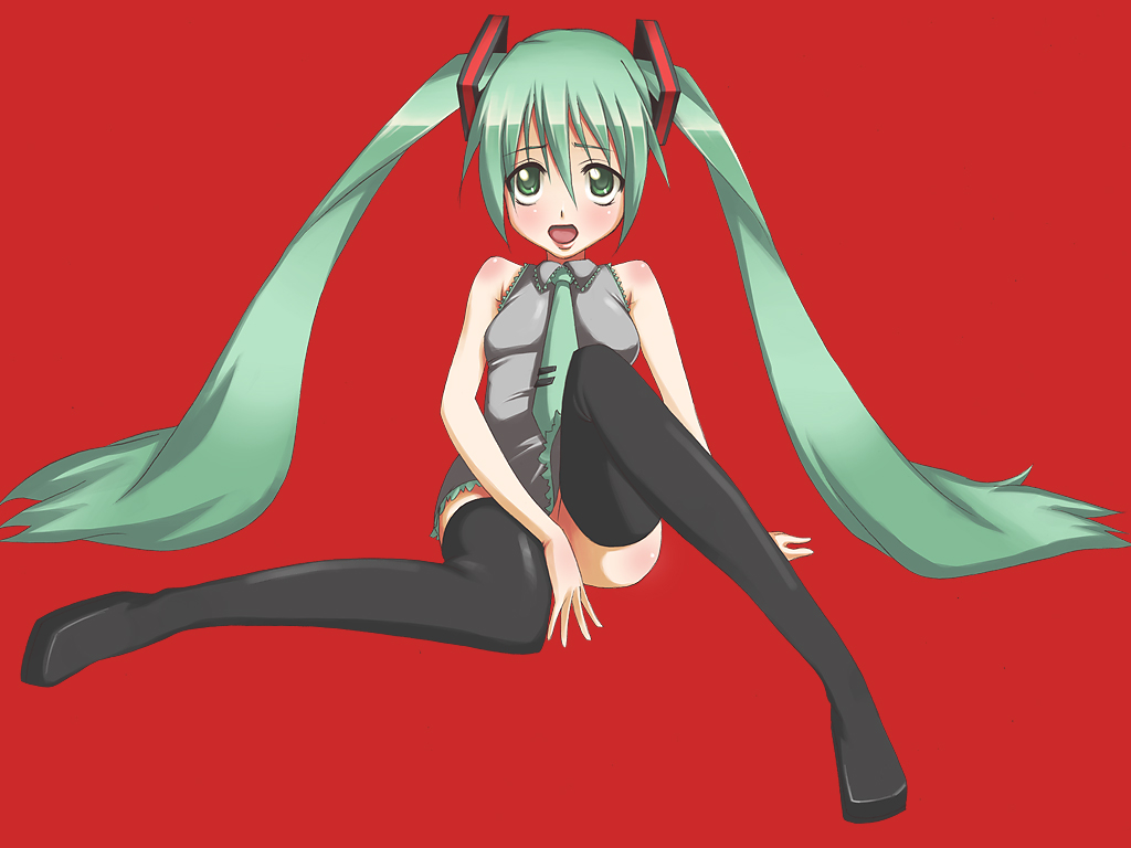 tsurugi (artist), hatsune miku, vocaloid, bad id, bad pixiv id, green eyes, green hair, long hair, necktie, solo, thighhighs, twintails, very long hair