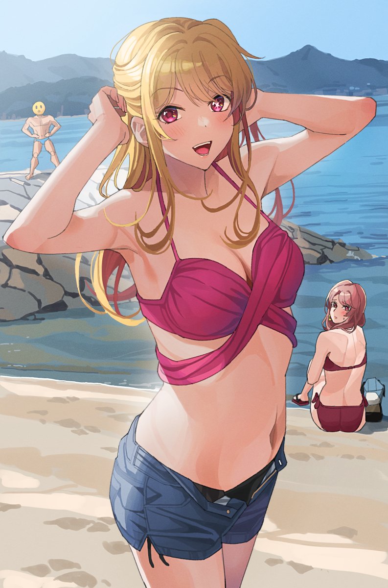 tipii, hoshino ruby, saitou miyako, oshi no ko, commentary request, highres, 1boy, 2girls, :d, bikini, bikini under shorts, black bikini, blue male swimwear, blue sky, breasts, cleavage, collarbone, day, male swimwear, medium breasts, midriff, mismatched bikini, mountainous horizon, multiple girls, navel, ocean, open mouth, outdoors, red bikini, short shorts, shorts, sky, smile, solo focus, standing, stomach, swimsuit, thighs, tongue, topless male