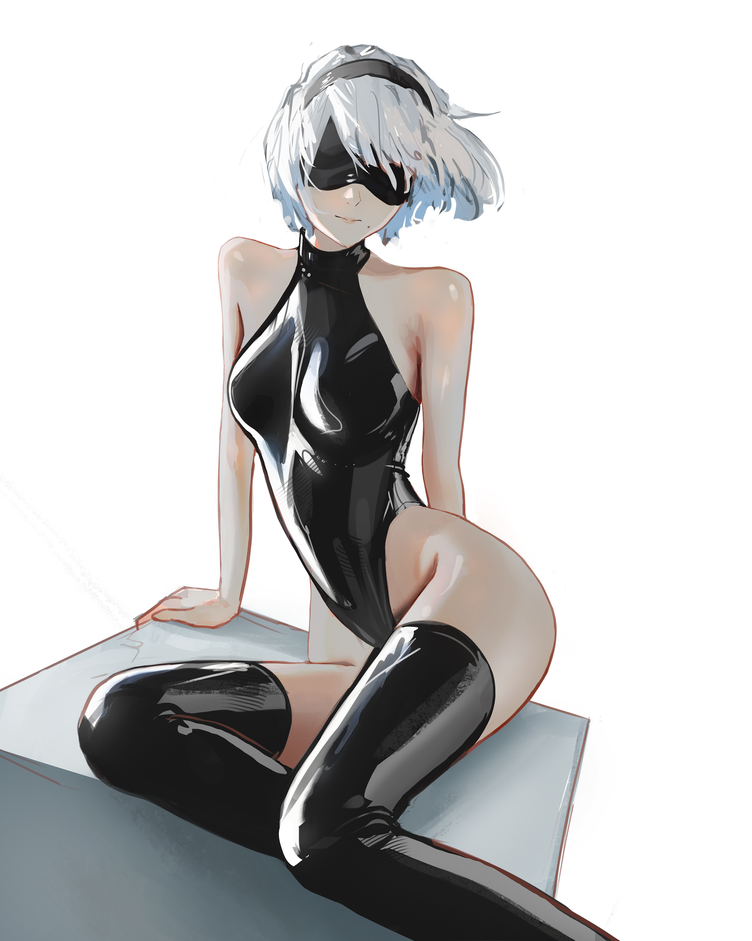 mawaw, 2b (nier:automata), nier:automata, nier (series), absurdres, commentary, highres, 1girl, arm support, black boots, black hairband, black leotard, blindfold, boots, breasts, covered navel, facing viewer, hairband, latex, latex leotard, leotard, short hair, sitting, solo, thigh boots, white hair