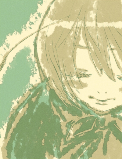 kuma (artist), kuma (crimsonvanilla), wriggle nightbug, touhou, 1girl, antennae, blush, brown hair, closed eyes, closed mouth, female focus, short hair, smile, solo, upper body
