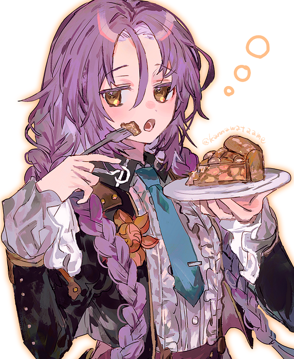 shourou kanna, clorica (rune factory), rune factory, rune factory 4, 1girl, apple pie, blue necktie, braid, butler, corset, crossdressing, crossdressing (ftm), eating, female butler, food, fork, holding, holding fork, holding plate, juliet sleeves, long hair, long sleeves, looking at viewer, necktie, pie, pie slice, plate, puffy sleeves, purple corset, purple hair, solo, squeans, twin braids, white background, yellow eyes