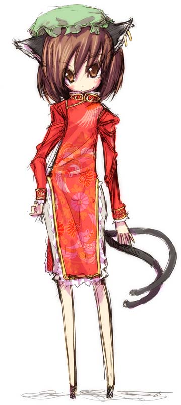 heijitsu (paapuu), chen, touhou, 1girl, animal ears, bad anatomy, bad proportions, blush, brown hair, cat ears, cat girl, cat tail, china dress, chinese clothes, dress, earrings, female focus, hat, jewelry, multiple tails, poorly drawn, short hair, sketch, skinny, smile, solo, tail