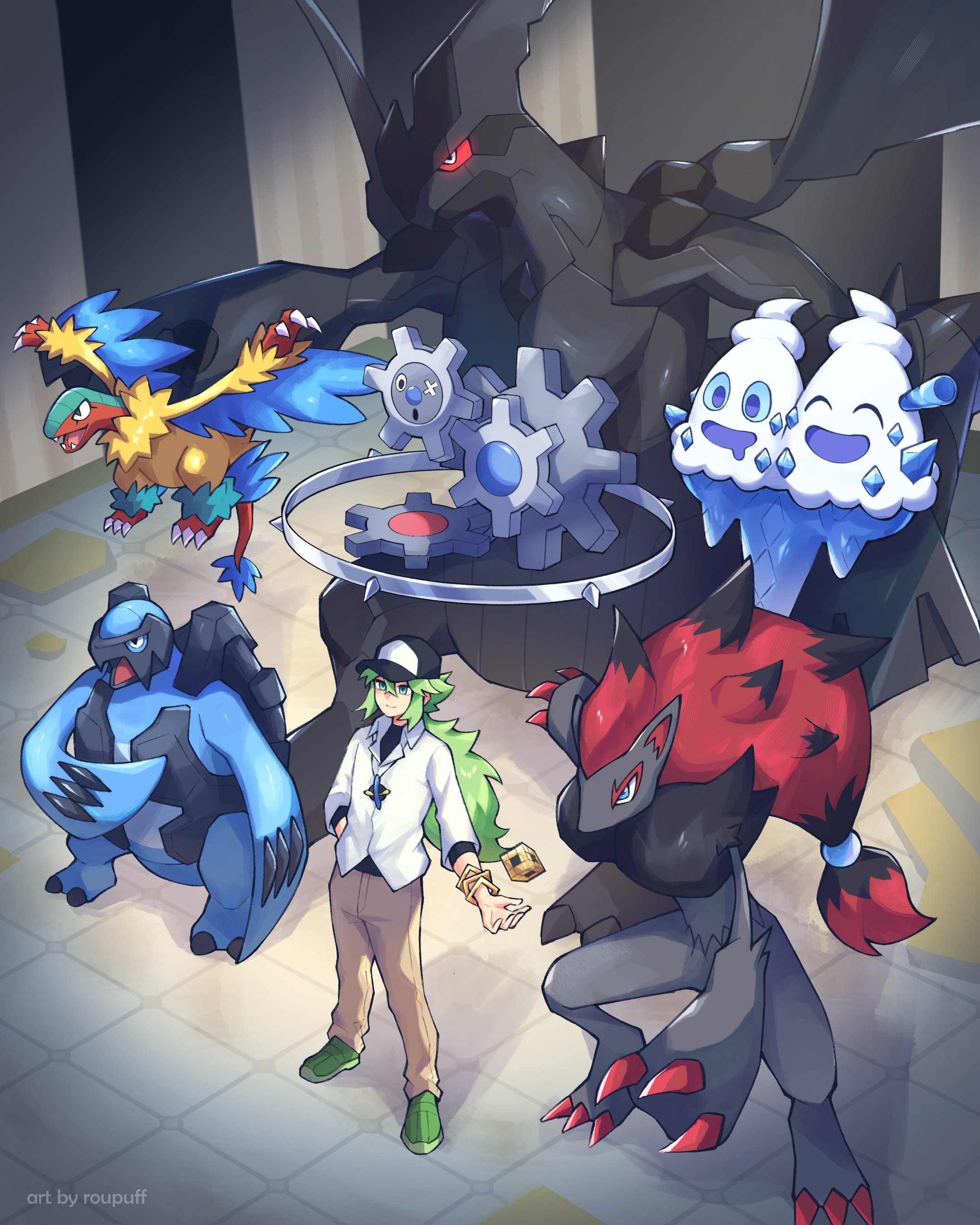 archeops, carracosta, klinklang, n (pokemon), vanilluxe, zekrom, zoroark, nintendo, pokemon, pokemon bw, absurdres, highres, 1boy, animal ears, artist name, baseball cap, blue eyes, blue skin, claws, colored sclera, colored skin, fox ears, gears, gen 5 pokemon, glowing, glowing eye, green hair, green shoes, hat, legendary pokemon, myx (roupuff), pokemon (creature), red sclera, shoes