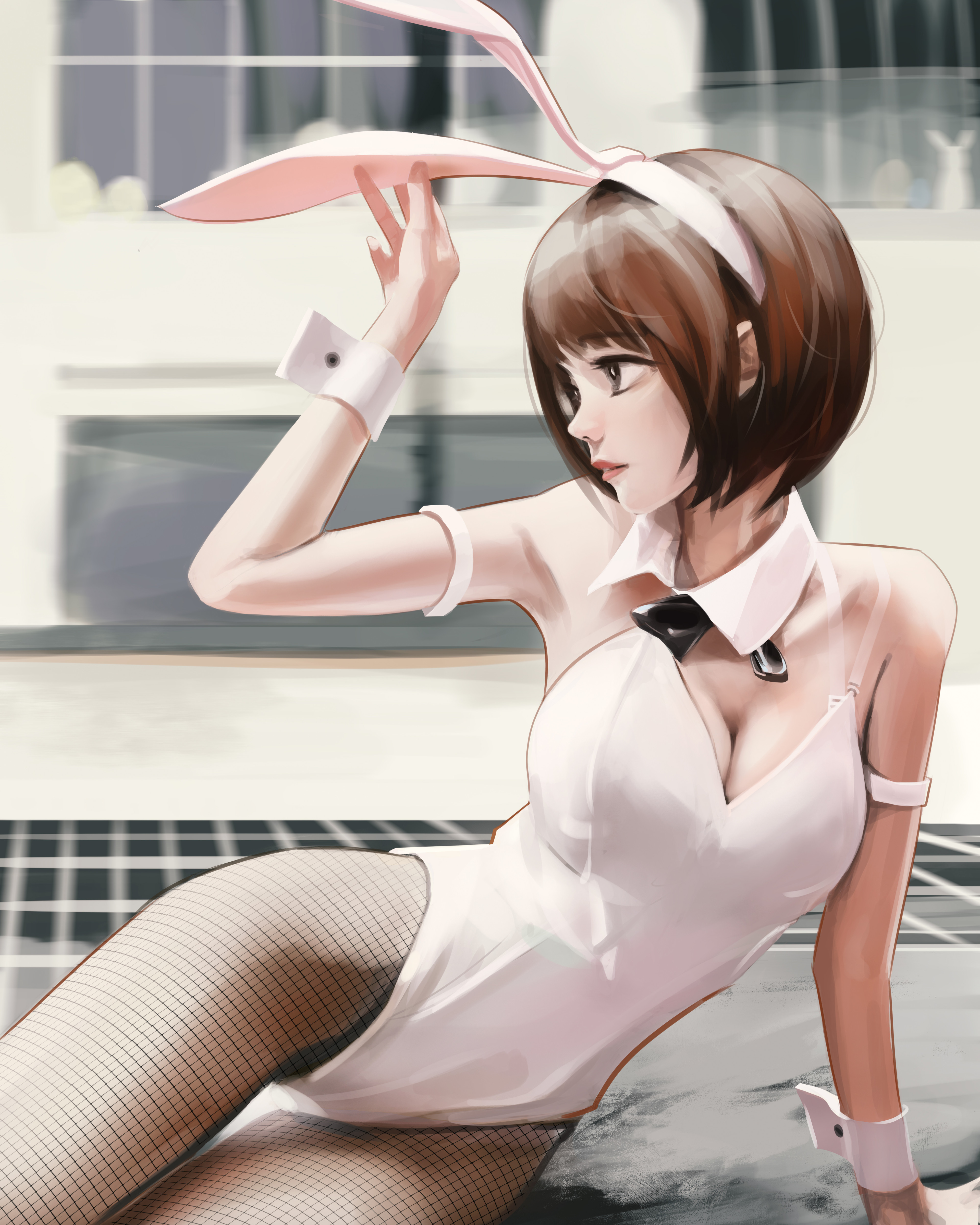 mawaw, original, absurdres, commentary, english commentary, highres, photo-referenced, 1girl, animal ear hairband, animal ears, arm support, armlet, black bow, black bowtie, bow, bowtie, breasts, brown hair, cleavage, detached collar, fake animal ears, fishnet pantyhose, fishnets, hairband, jewelry, leotard, looking to the side, lying, on side, pantyhose, parted lips, playboy bunny, rabbit ear hairband, rabbit ears, short hair, solo, white leotard, wrist cuffs